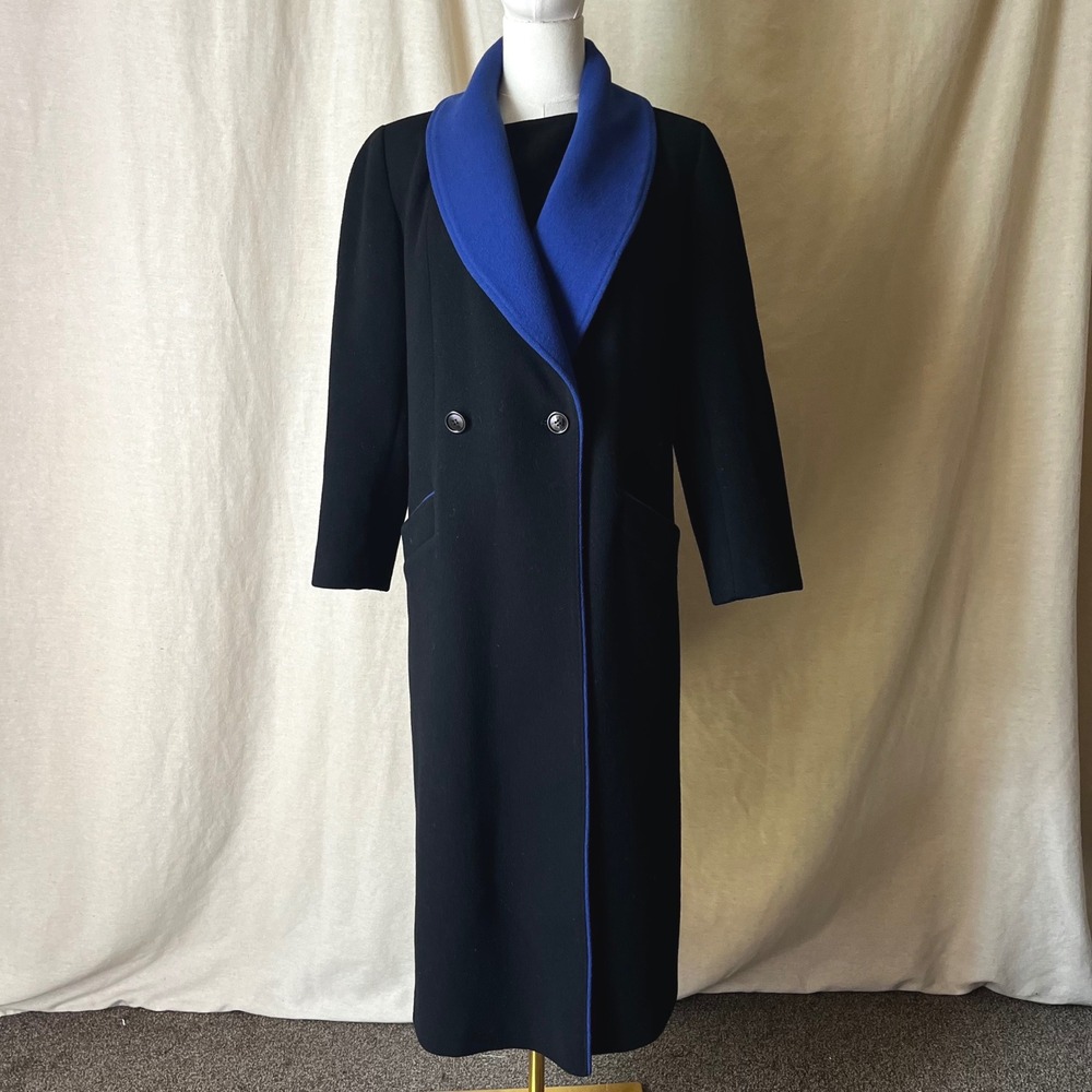 Vintage Alorna 100% Wool Black Cobalt Blue Colorblock Long Coat Union Made S/M